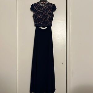 Jodi Kristopher 2 piece dress. Navy/dark blue with beading on neck.